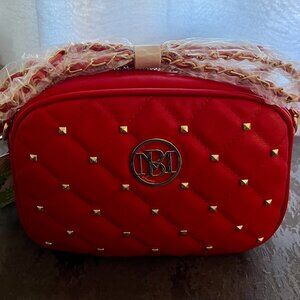 Badgley Mischka Red Diamond Quilted Camera Bag with Gold Studs